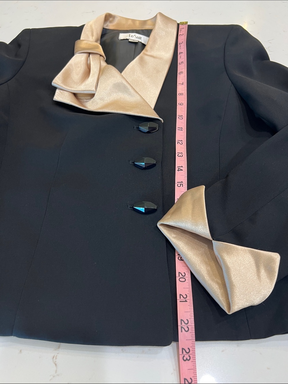 Vintage 90s Le Suit Black Gold Bow Accent Evening Blazer Jacket Size 6 - Picture 7 of 7